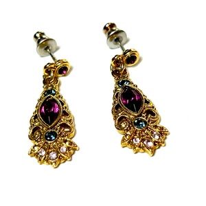 Gold Costume earrings with purple teal and diamond colored stones